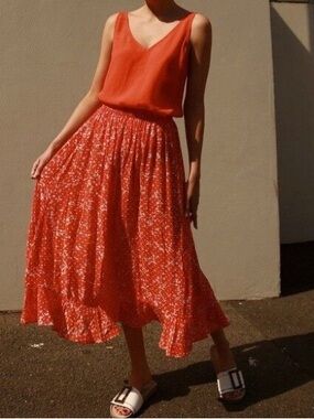 Seed Heritage Red Floral Midi Skirt Size 6